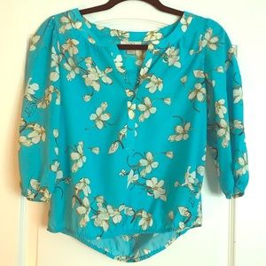 LOFT Blue Blouse with White Cherry Blossoms